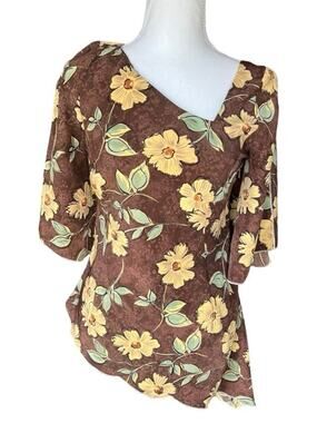 Boy Pestano Vintage Satin Career Blouse Bell Sleeve Floral Asymmetrical Size S